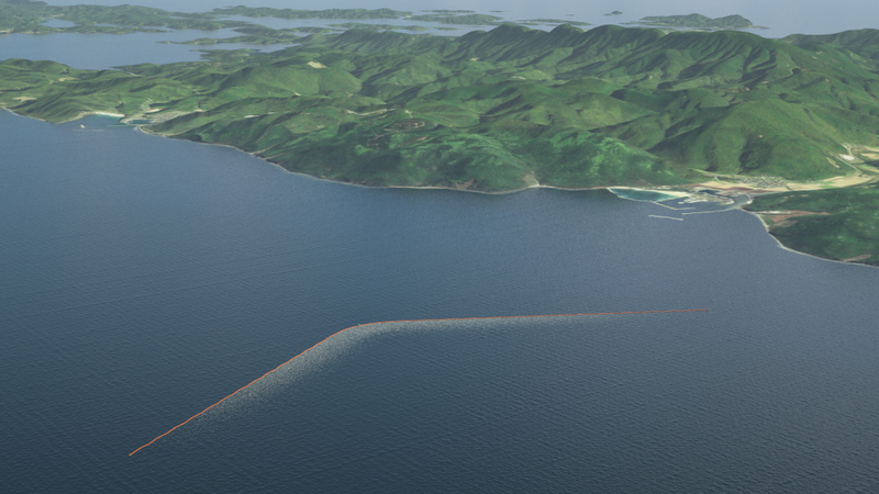 Artist concept of The Ocean Cleanup boom system in the field. Image: The Ocean Cleanup